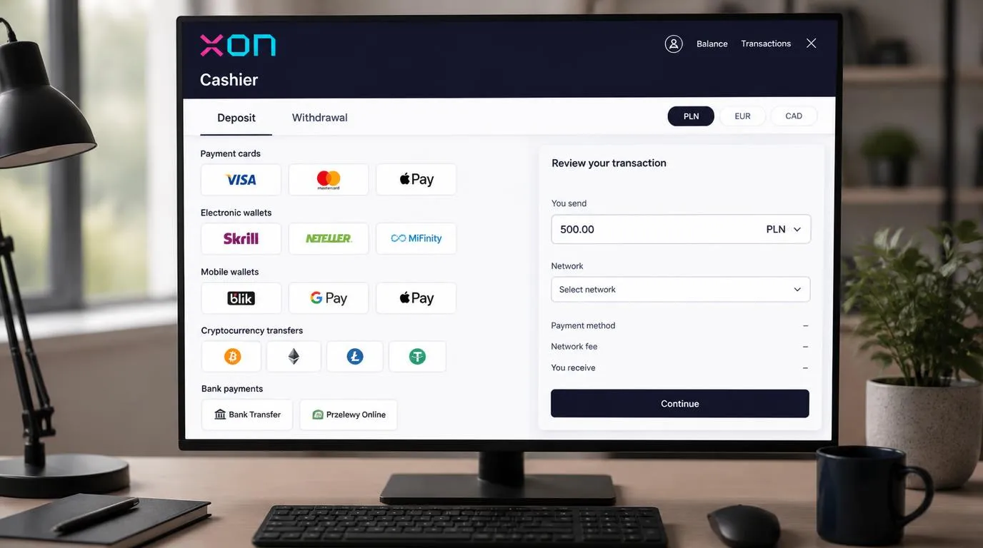 Panel kasy z kartami, portfelami elektronicznymi i kryptowalutami oraz wyborem waluty PLN
