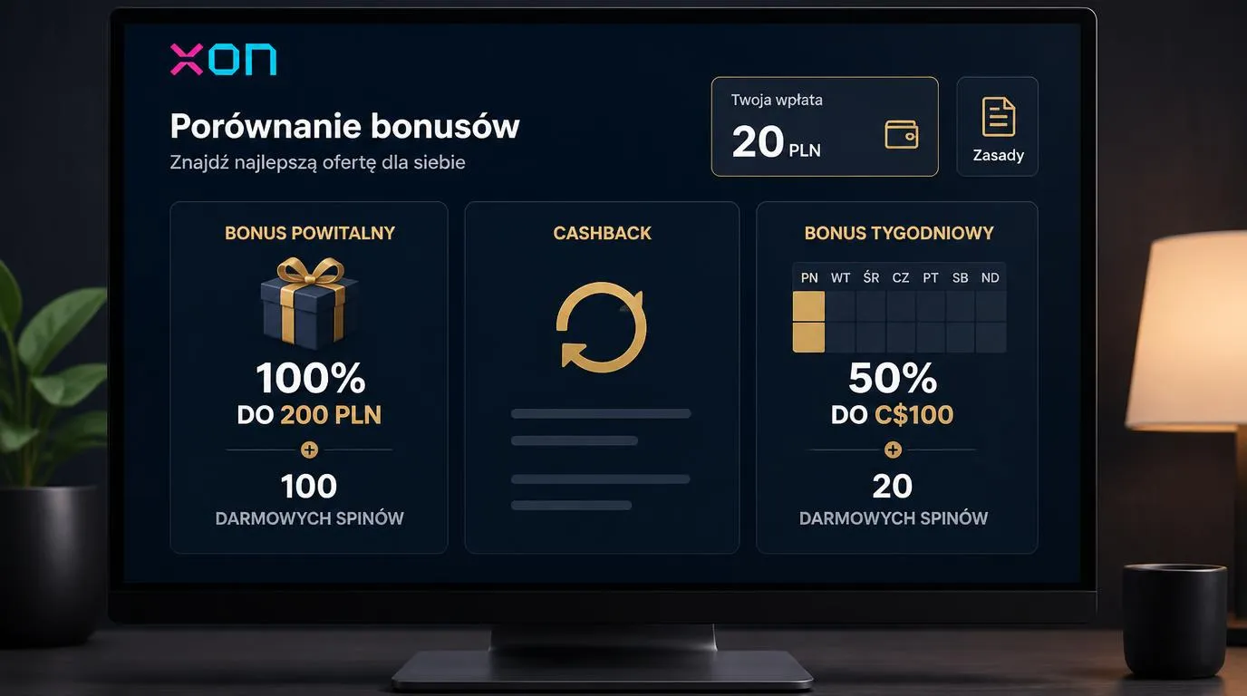 Trzy karty promocji kasynowych z bonusem powitalnym, cashbackiem i kalendarzem poniedziałkowych nagród