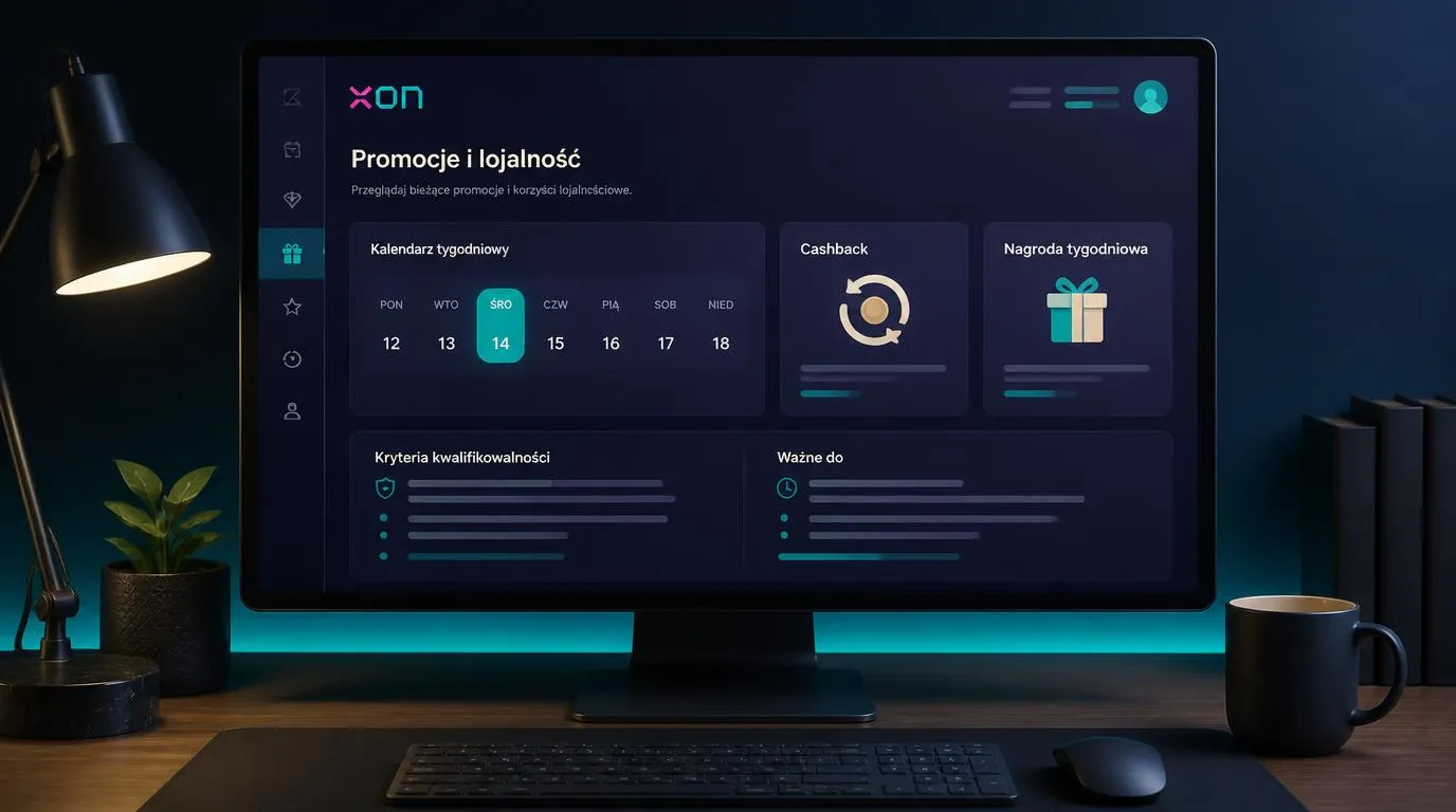 Panel promocji kasynowych z kalendarzem tygodniowym i kartami cashbacku oraz nagród